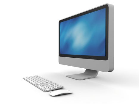 3D illustration of modern desktop computer with wireless keyboard and mouse