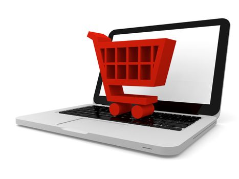 3D illustration of shopping trolley symbol on a laptop