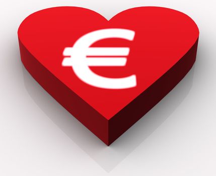 Concept of love for Euro or money generally. Idea is portrayed by white intensively glowing euro rendered on the top of red heart. Scene rendered and isolated on white background with slight reflection.