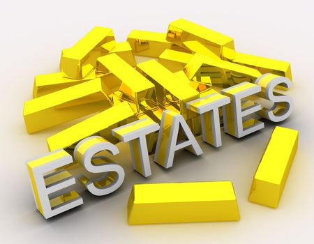 Concept of getting fortunate by investing in real estates. Idea is portrayed by English 3d text (ESTATES) placed in front of a lot of golden bars. Text is rendered in combination of white and golden color. Scene rendered and isolated on white background.