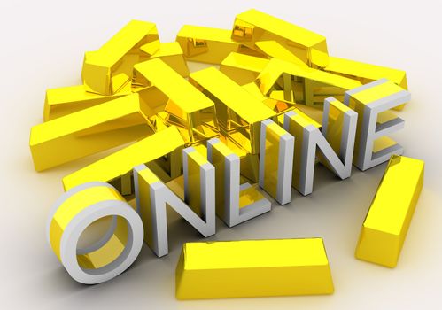 Concept of getting fortunate by earning money online on the web. Idea is portrayed by English 3d text (ONLINE) placed in front of a lot of golden bars. Text is rendered in combination of white and golden color. Scene rendered and isolated on white background.