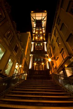 view of the illuminated Elevador de Santa Justa in Lisbon