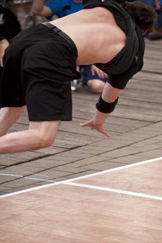 Close up of a breakdancer