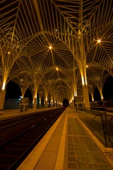 modern railway station Oriente at the expo park in Lisbon at night