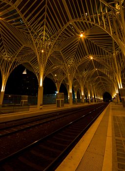 modern railway station Oriente at the expo park in Lisbon at night