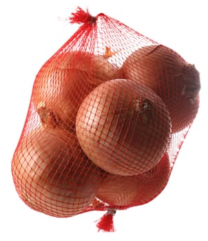 Onions in net against a white background.