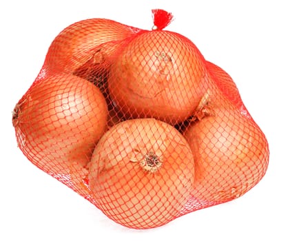 Onions in net against a white background.