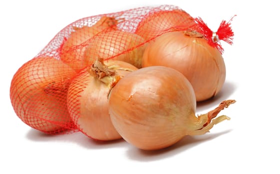 Image of onions getting out from a broken net bag, against a white background.