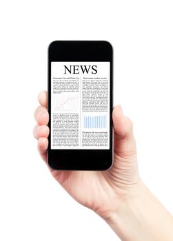 Hand holding mobile smart phone with news article on the screen. Isolated on white.