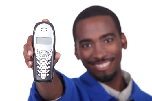 Afro man holding phone on white background