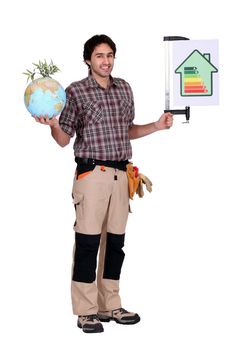 Man holding a globe and a sign for energy consumption