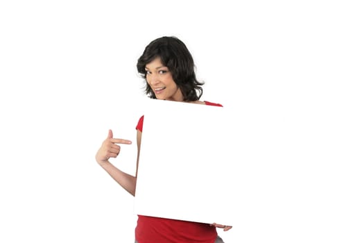 Enthusiastic woman pointing to a blank sign