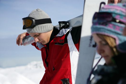 Young couple skiing