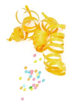 Yellow Curl Party Streamers and Multi Colored Star Shape Confetti isolated on white background