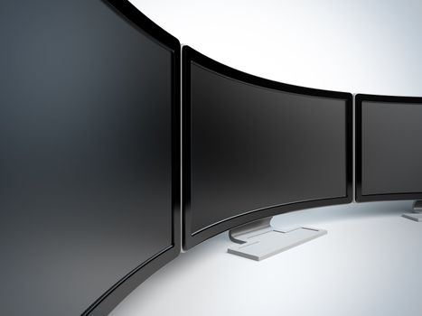 Monitors at white background. A 3d illustration blank template layout of curved wide monitors with black frame.