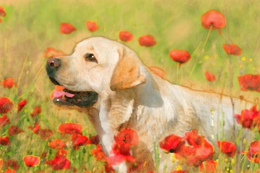 A yellow labrador in the poppy field in Spring (May)