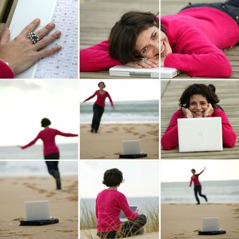 brunette wearing fuchsia pullover working at beach