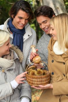 Two couples gathered around basket of mushrooms