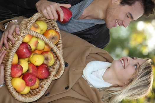 Couple holding basket of apples