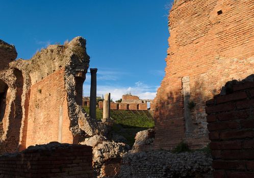 Ruins of ancient Greek and Roman theater in Taormina, Sicily, Italy