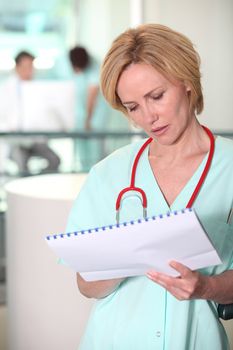 Female nurse with patients chart