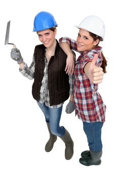 Girlfriends ready for masonry work