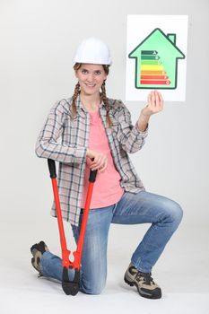 Woman builder showing energy rating sign