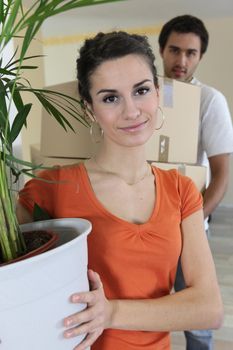 Couple carrying boxes and house plant