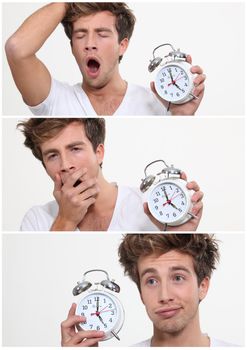 Collage of a sleeping man waking up