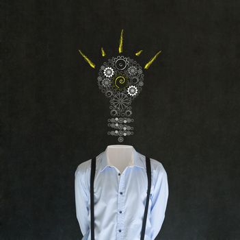 Headless bright idea business man, teacher, engineer or student with chalk background cogs and gears lightbulb head