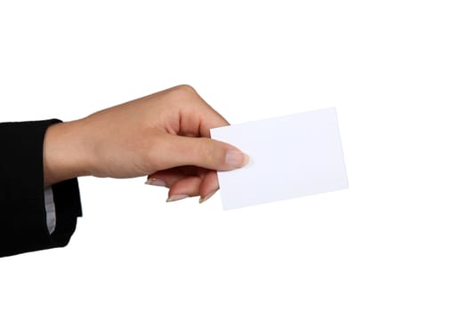 female hand giving business card