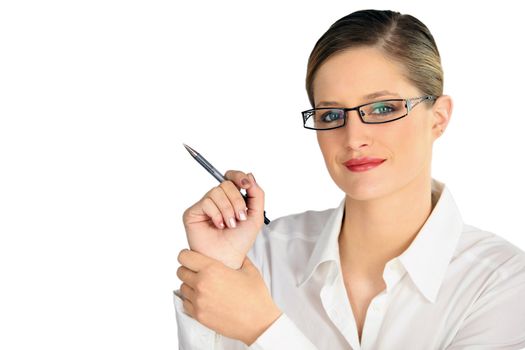 bespectacled blonde holding pen