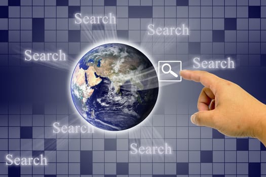 Hand clicking internet search page with earth