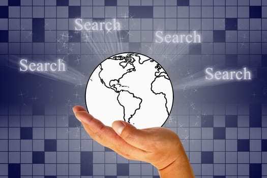 Hand clicking internet search page with earth