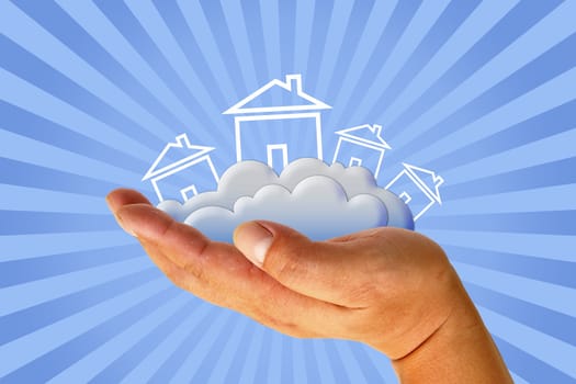 House in clouds with hand