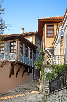 old town street with traditional bulgarian architecture in plovdiv bulgaria