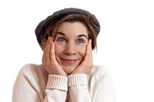 Woman with nice eyes, looking in love, isolated on white background