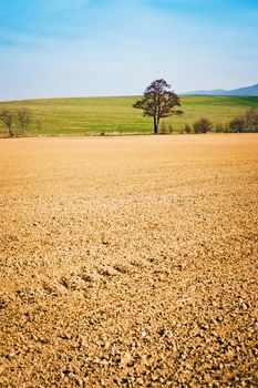 Landscape of fields ready for cultivation, trees and hills in the background