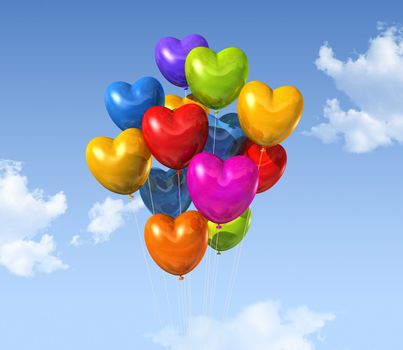 colored heart shape balloons floating on a blue sky