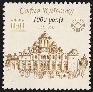 UKRAINE - CIRCA 2011: A post stamp printed in Ukraine shows Orthodox Cathedral with the inscription in Ukrainian вЂњ1000 Years of Saint Sophia Cathedral", circa 2011.