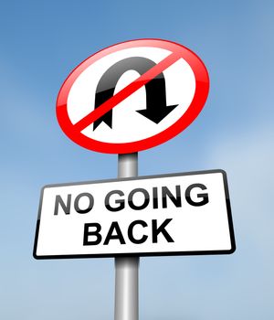 Illustration depicting a red and white road sign with a 'no going back' concept. Blurred blue sky background.