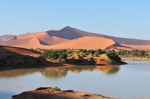 A rare sight: Sossusvlei in the Namib desert of Namibia filled with water. Big Daddy, one of the highest dunes in the world, is in the background.
