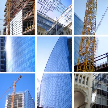 collage of construction of modern skyscrapers and building crane