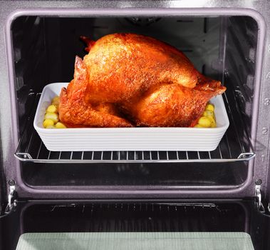 appetizing roast turkey and potatoes in the oven