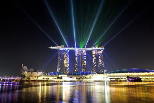 SINGAPORE  - APRIL 25: Wonder Full light show at Marina Bay Sands April 25, 2012, Singapore. Southeast Asia's largest light and water show.