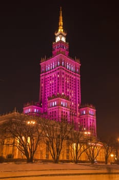palace of culture and science in Warsaw - Poland - violet illumination