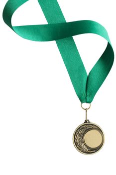 Gold medal with nice long green ribbon on white background. Isolated with clipping path