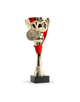 Award cup with gold medal on white background. Clipping path is included