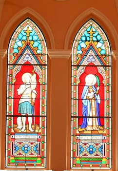 Painted Glasses of Saints in The Roman Catholic Church at Chanthaburi Province, Thailand. (The Cathedral of the Immaculate Conception)