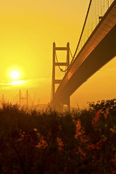 Tsing Ma Bridge in Hong Kong at sunset